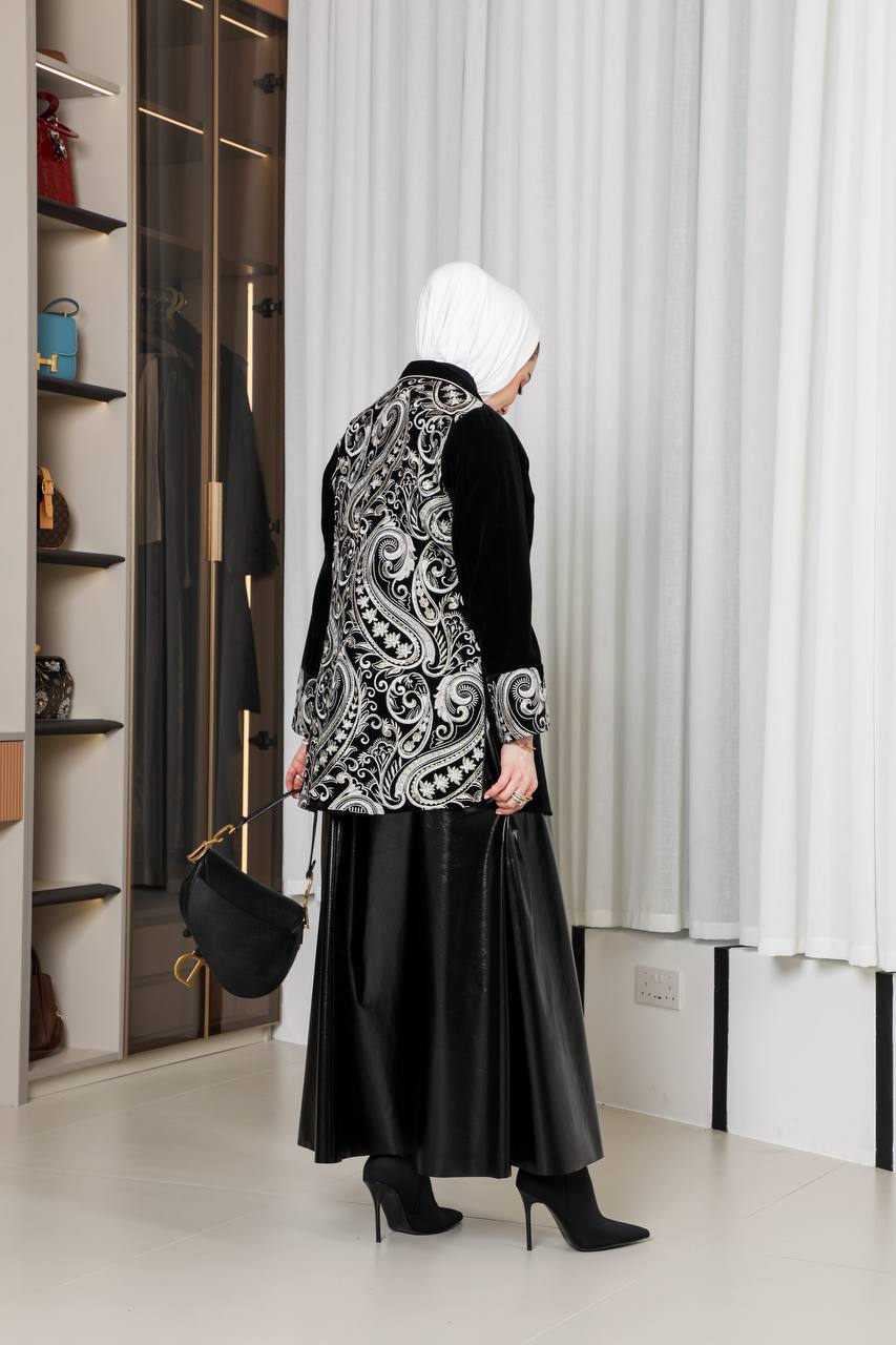 Leather skirt set with embroidered velvet jacket. C:1066