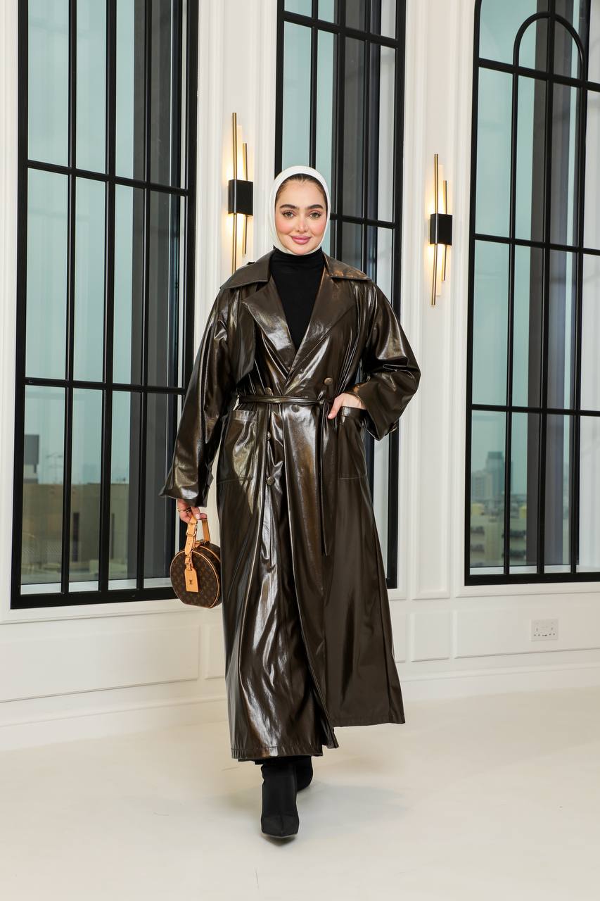 Brown leather trench coat. C:1067 Brown