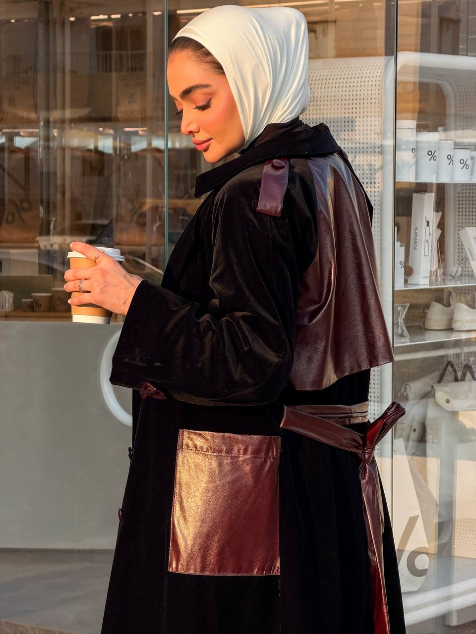 Velvet trench coat with leather. C:J1069