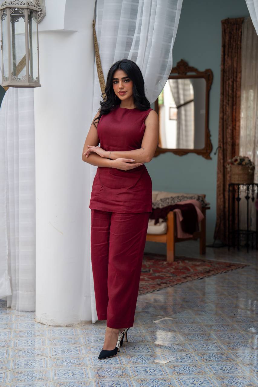 Burgundy linen blouse and trousers set. C:J102 Burgundy