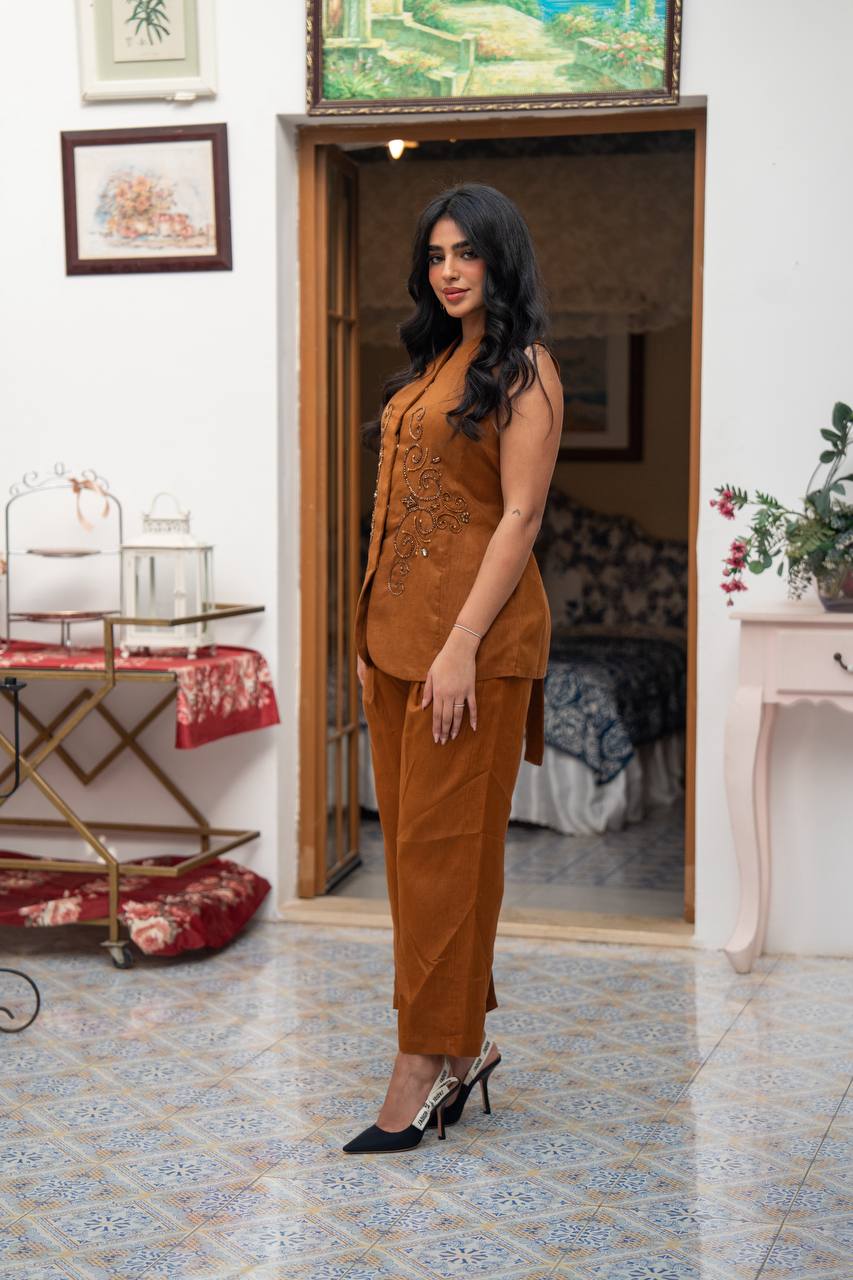 Vest and pants set in camel color with hand embroidery.C:J104