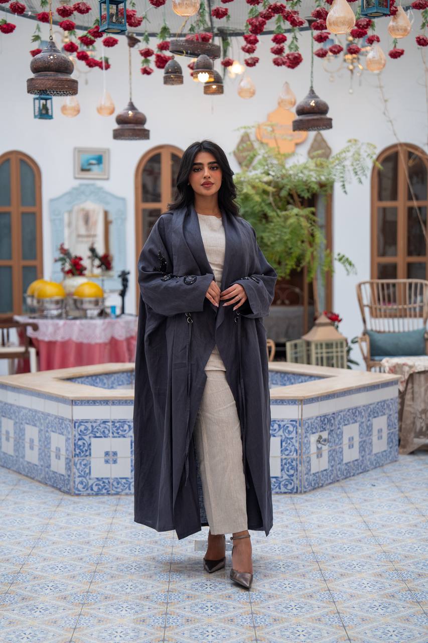 Linen abaya in gray with embroidery. C:J1084