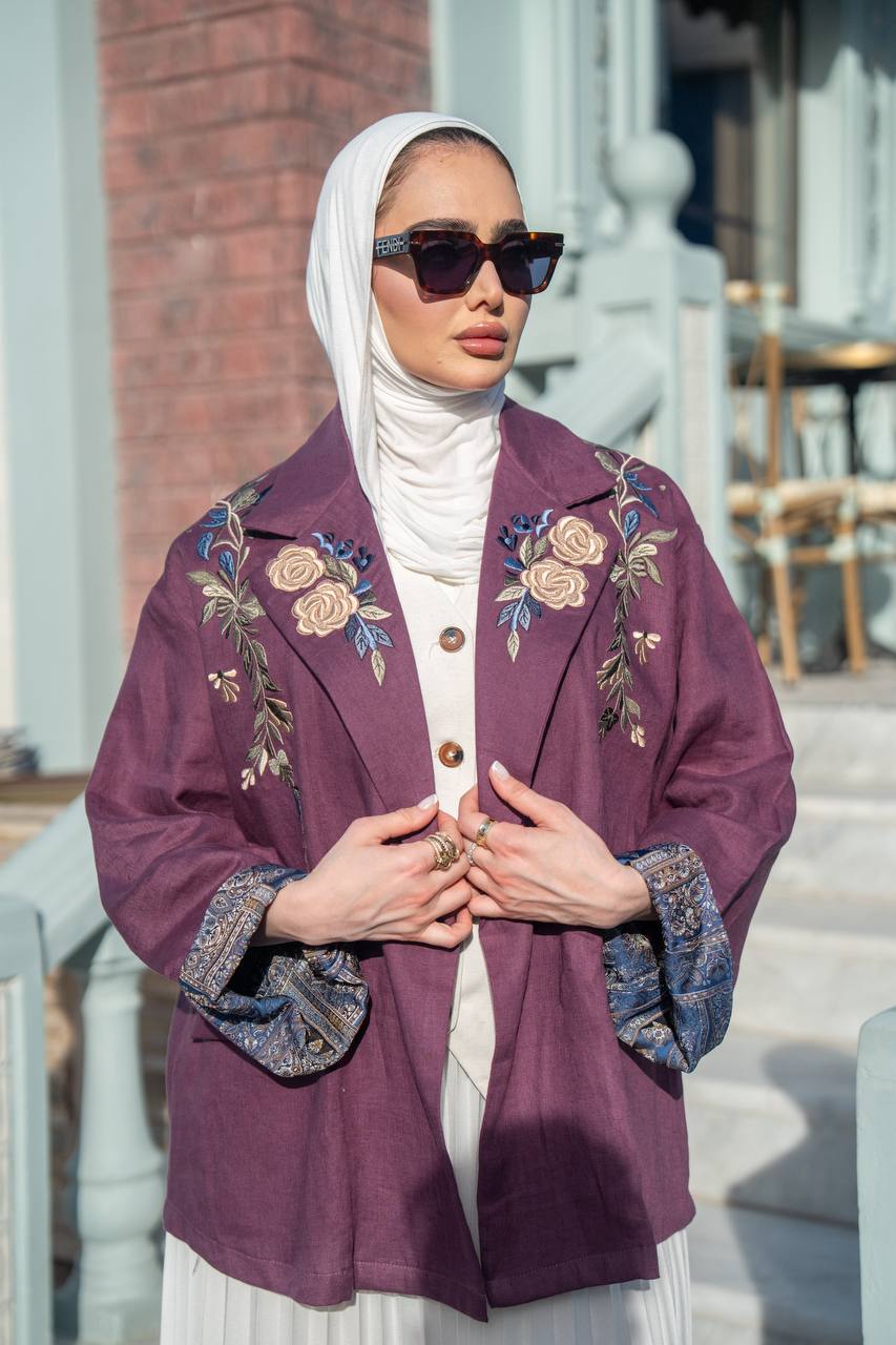 Burgundy blazer set with a white dress. C:1090