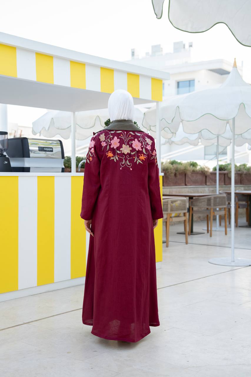 Burgundy linen blazer with embroidery.C:1093