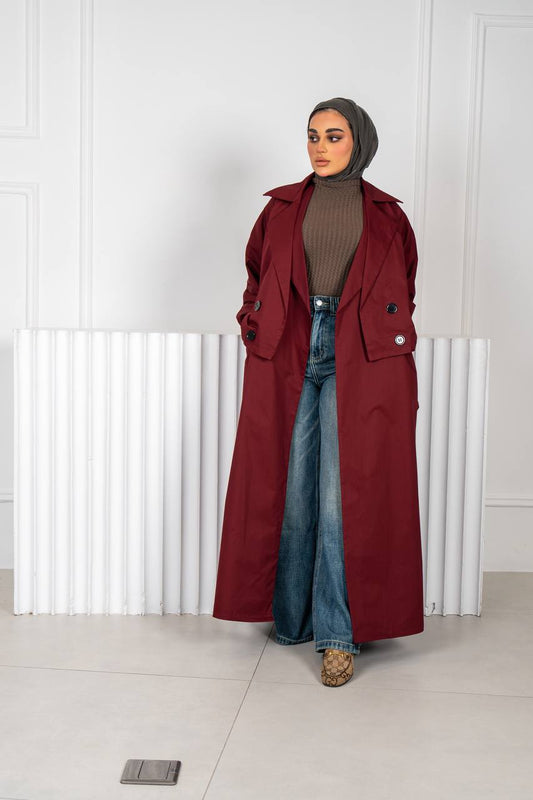 burgundy trench coat.C:J1018 Burgundy
