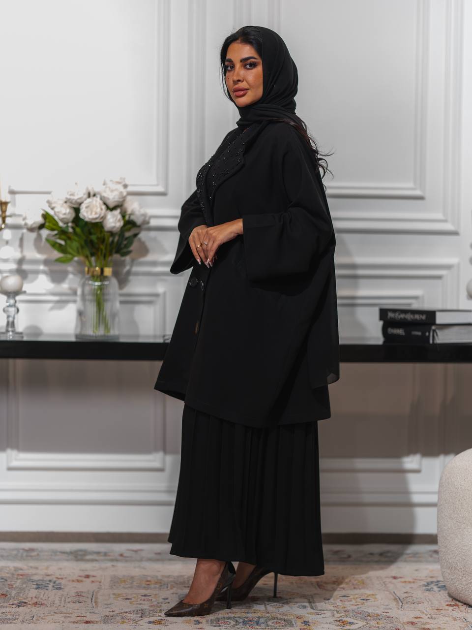 Black crepe skirt and blazer set.C:J6516