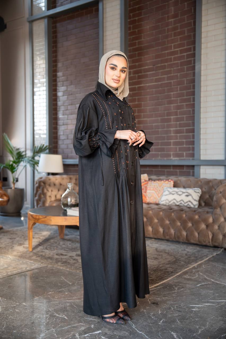 عباية لينن باللون الاسود مع شك يدوي C:J1023 Black
