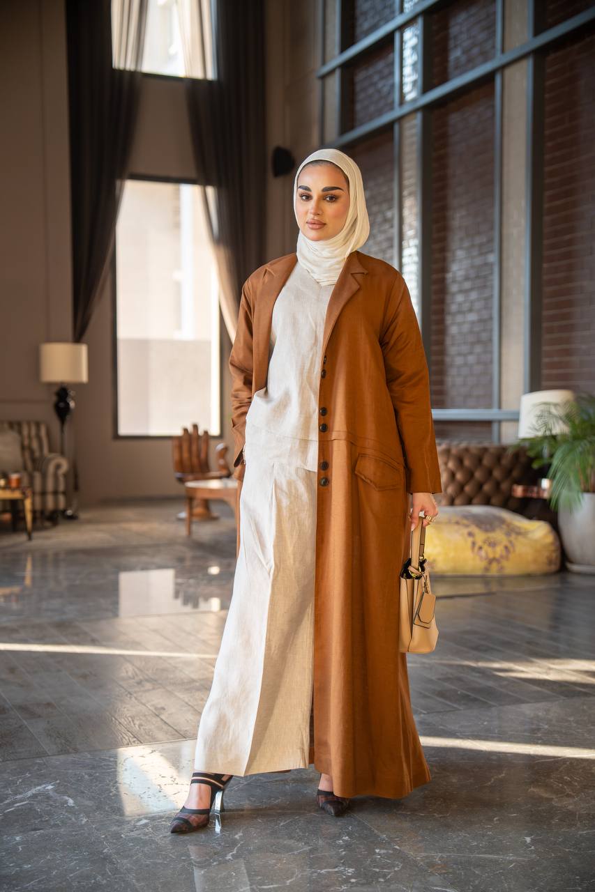 Camel vest and inner set, made of natural linen C:J1021 brown set
