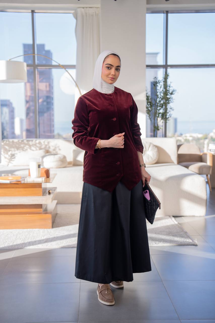 Burgundy velvet jacket set with trench coat skirt C:J1020 burgundy