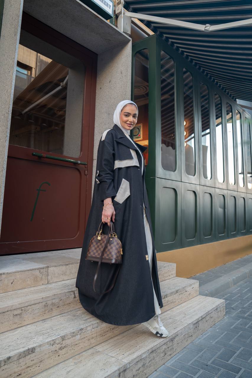 Black trench coat with beige details. C:1062 Black