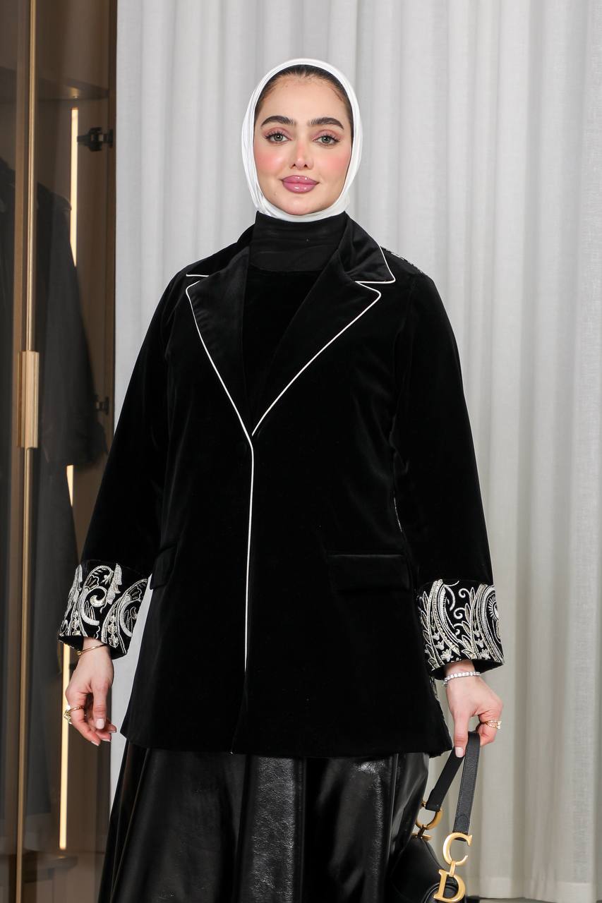 Leather skirt set with embroidered velvet jacket. C:1066