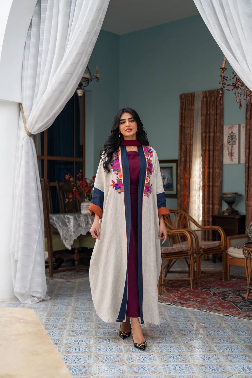 Light beige linen abaya with hand-beading. C:J1079