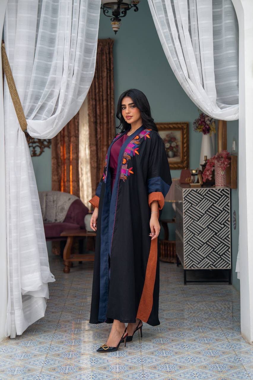 Linen abaya in black with hand embroidery. C:J1080