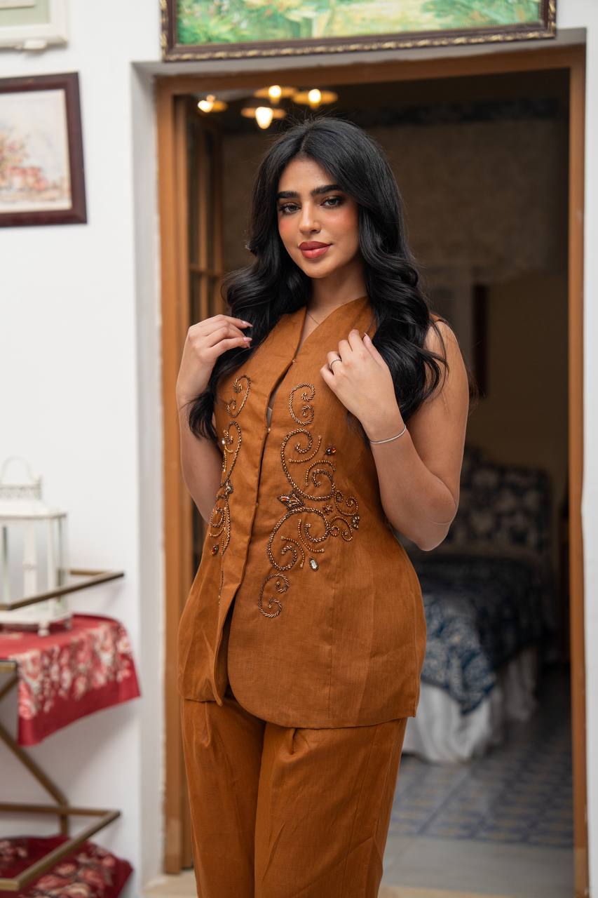 Vest and pants set in camel color with hand embroidery.C:J104