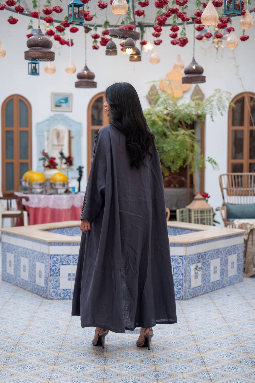 Linen abaya in gray with embroidery. C:J1084
