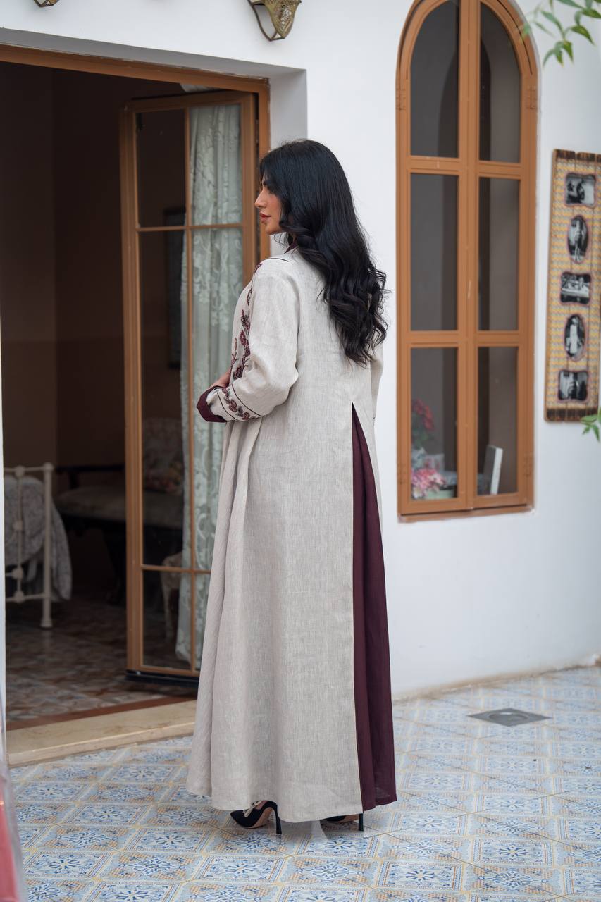 Light beige linen trench coat with embroidery.C:1091