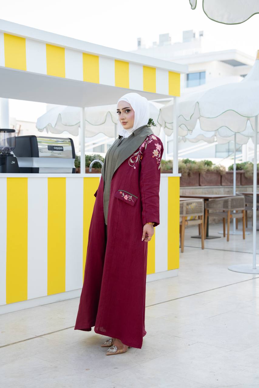 Burgundy linen blazer with embroidery.C:1093