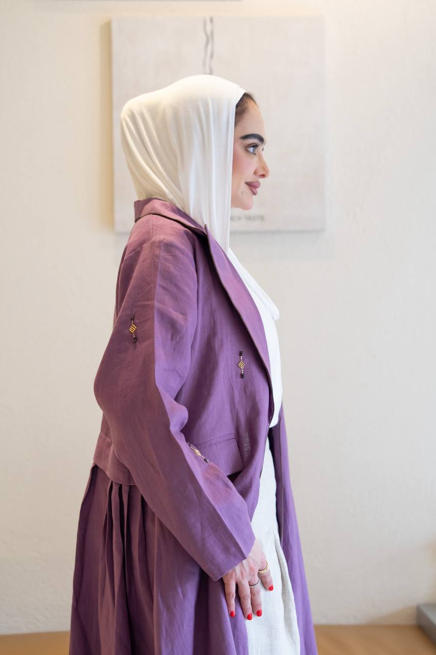 Purple linen trench coat with hand-stitched detailing.C:1096