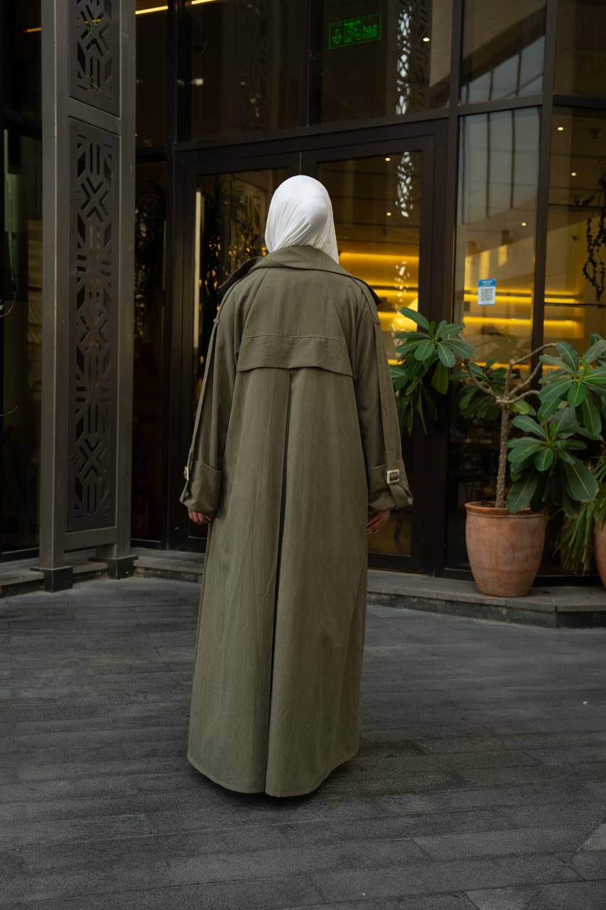 Olive green trench coat.C:1129