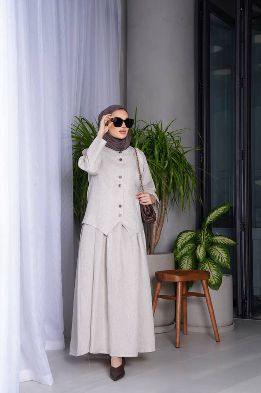 طقم مكون من فيست مع فستان لينن باللون البيج C:J1015 Beige
