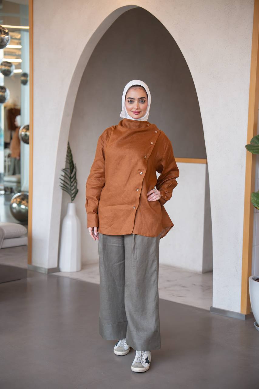 Camel shirt and Olive pants set, linen C:J1036