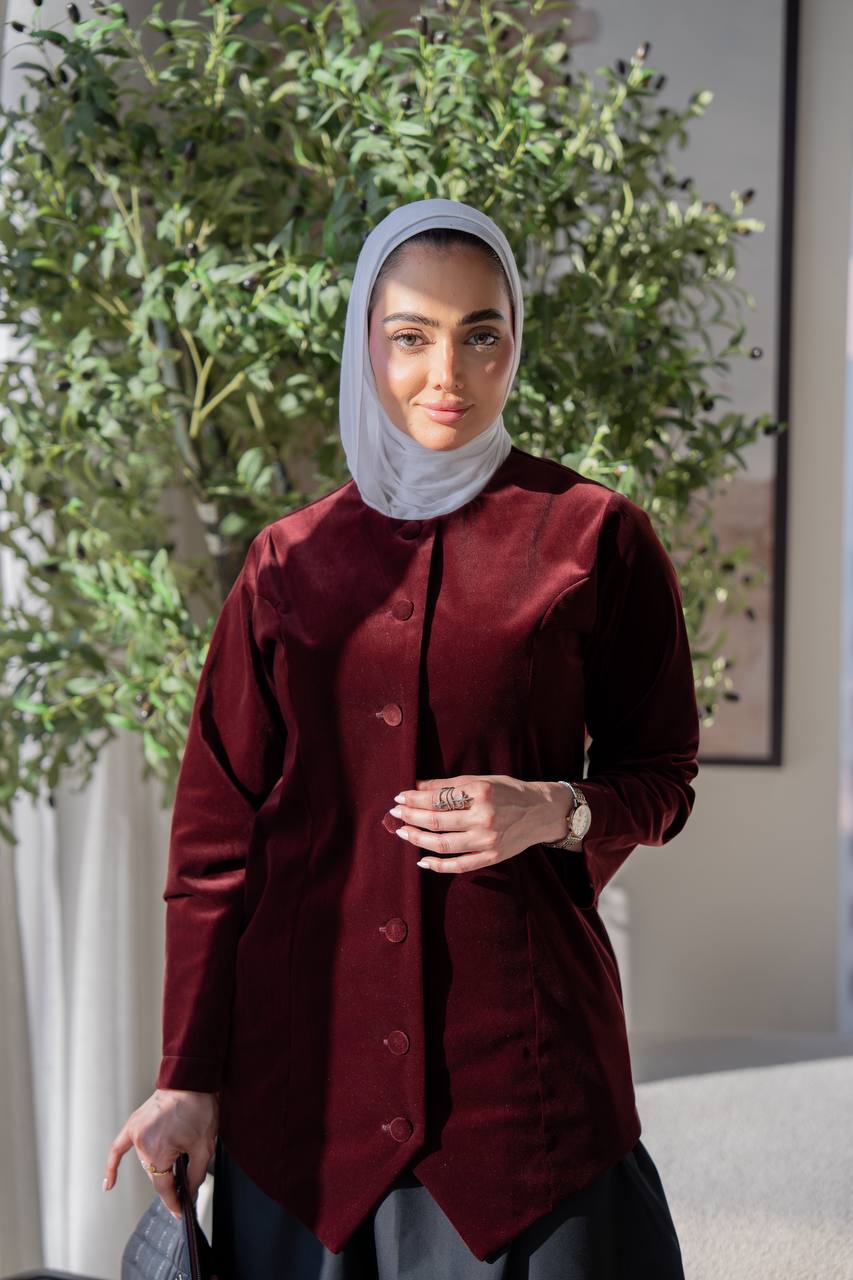 Burgundy velvet jacket set with trench coat skirt C:J1020 burgundy