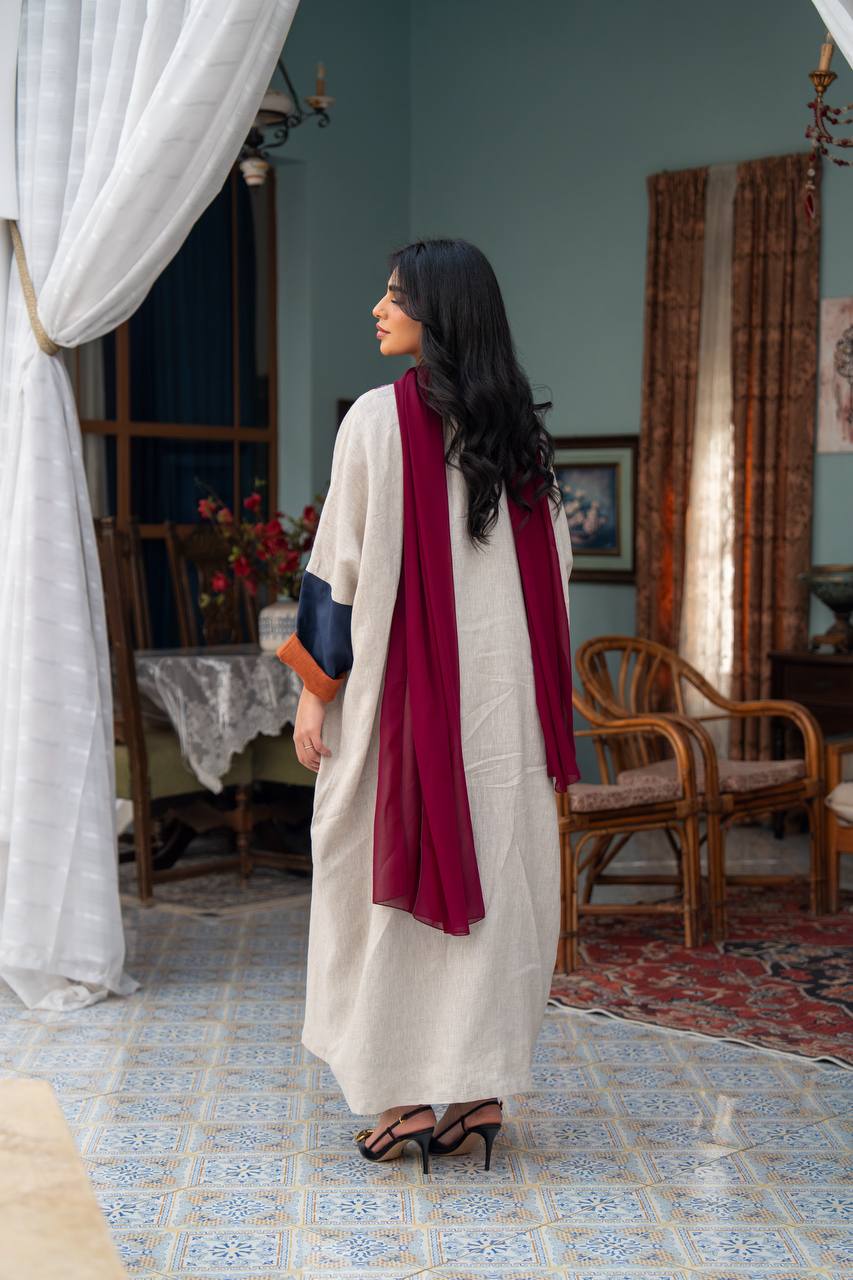 Light beige linen abaya with hand-beading. C:J1079