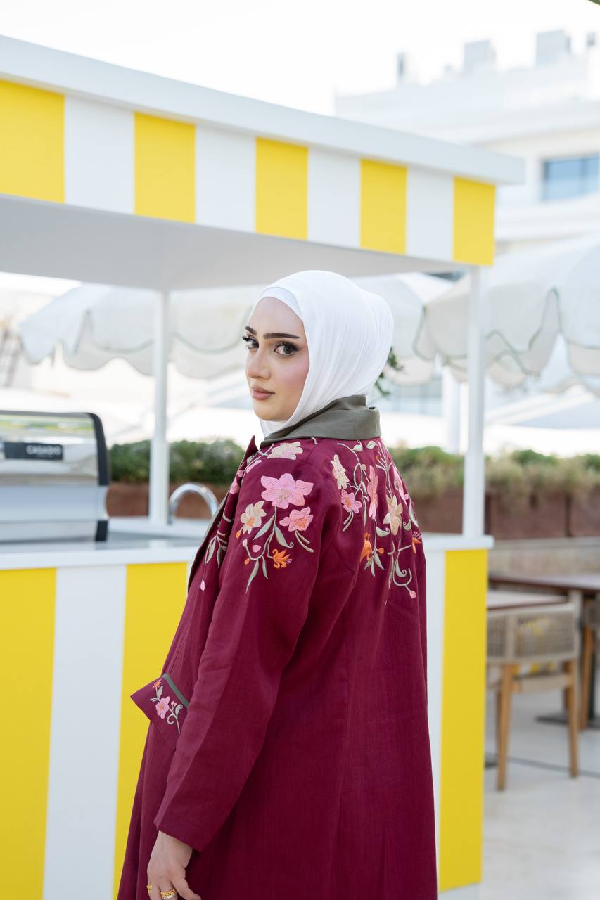 Burgundy linen blazer with embroidery.C:1093