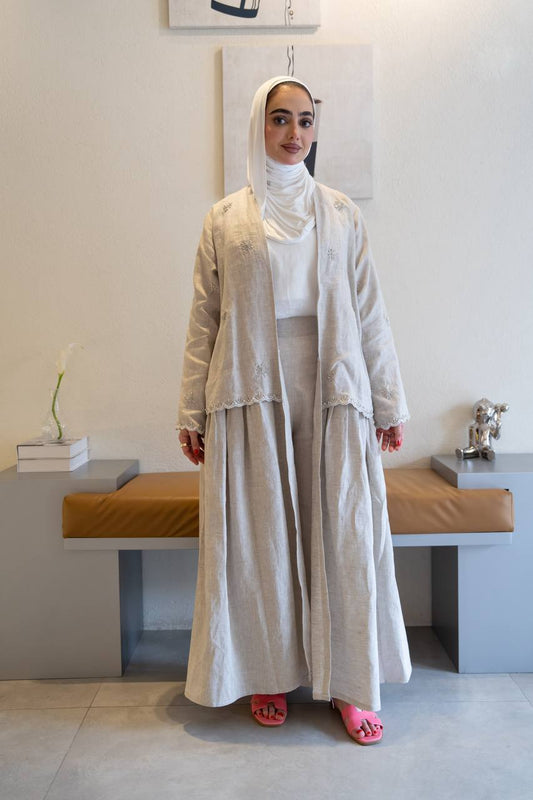 Light beige linen trench coat with hand-stitched detailing.C:J1081
