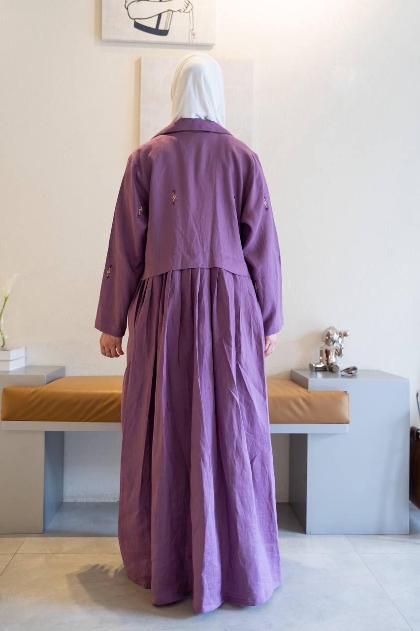 Purple linen trench coat with hand-stitched detailing.C:1096