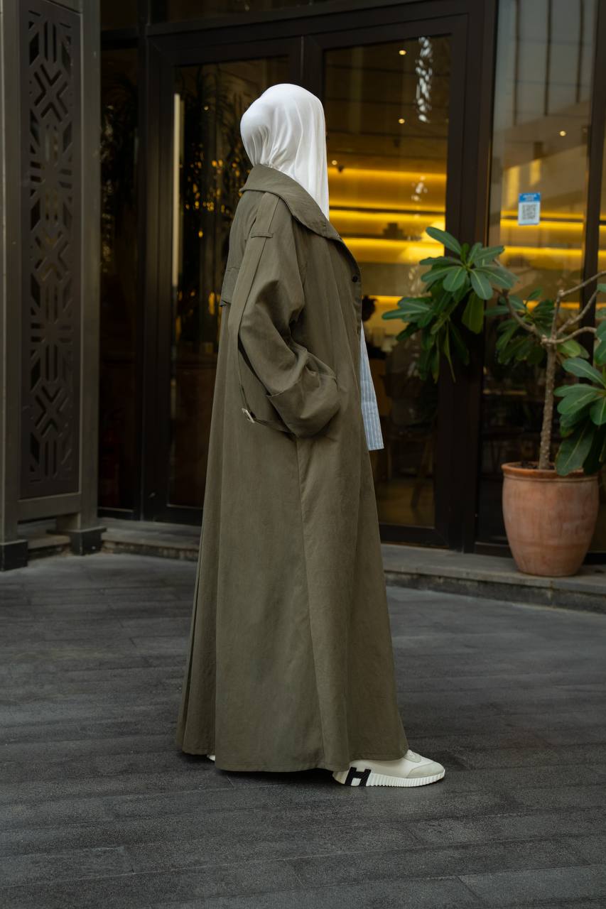 Olive green trench coat.C:1129