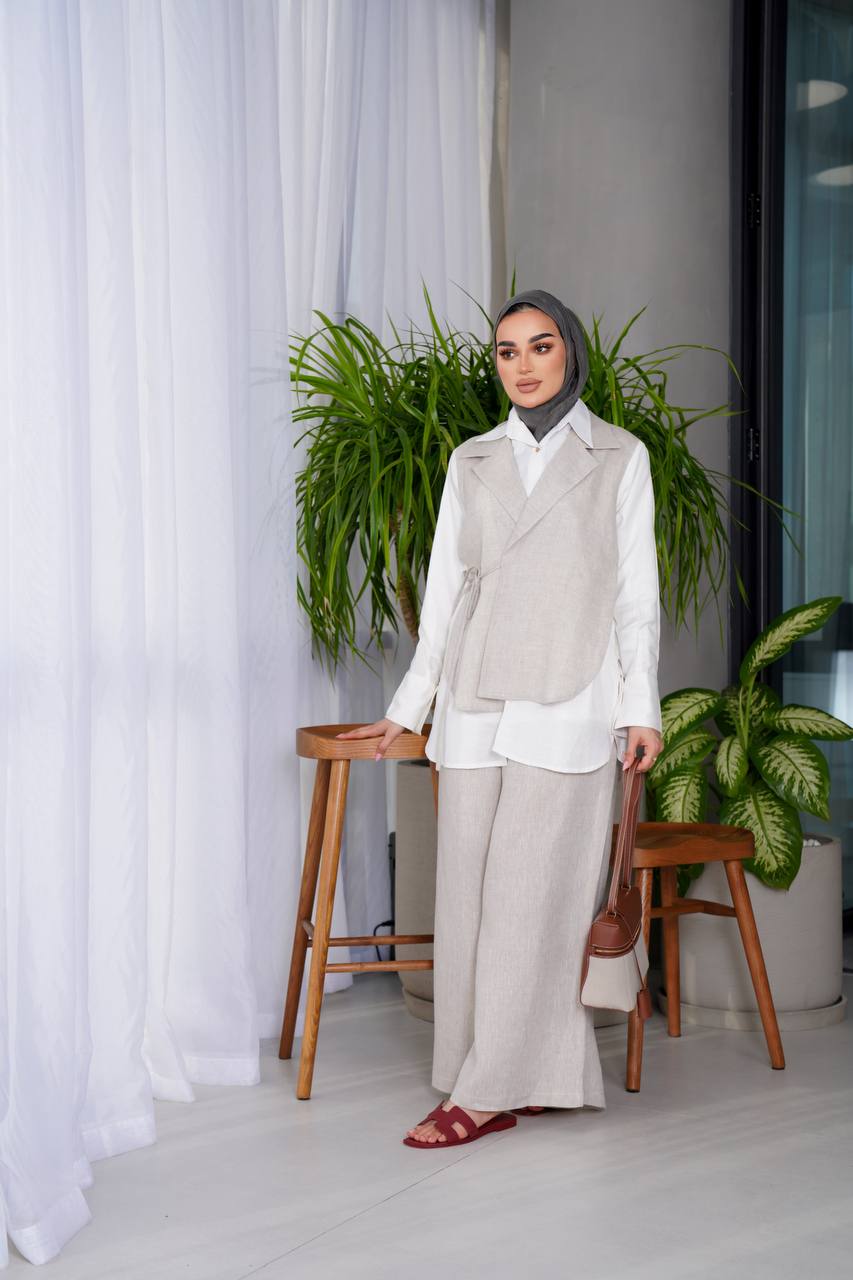 Beige linen shirt and pants set C:J1012