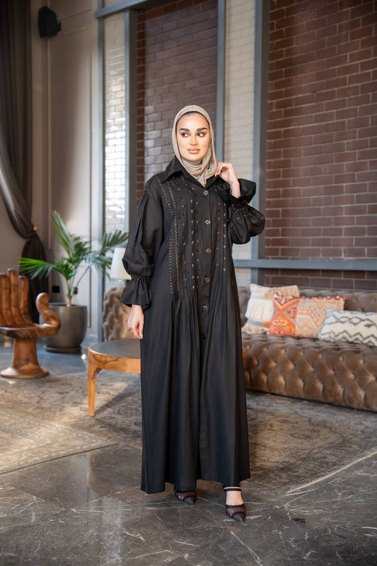Linen Dress in black with hand embroidery C:J1023 Black