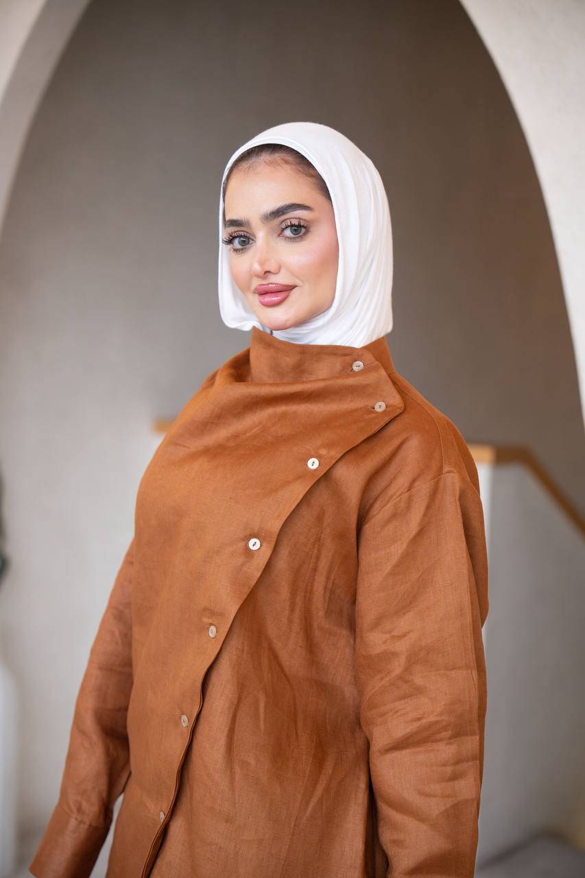 Camel shirt and Olive pants set, linen C:J1036