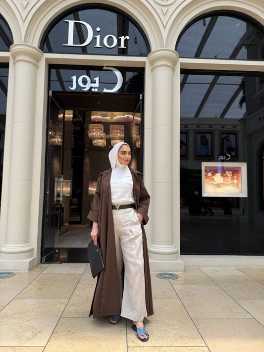 Brown trench coat with white blouse and beige pants C:1052 Set
