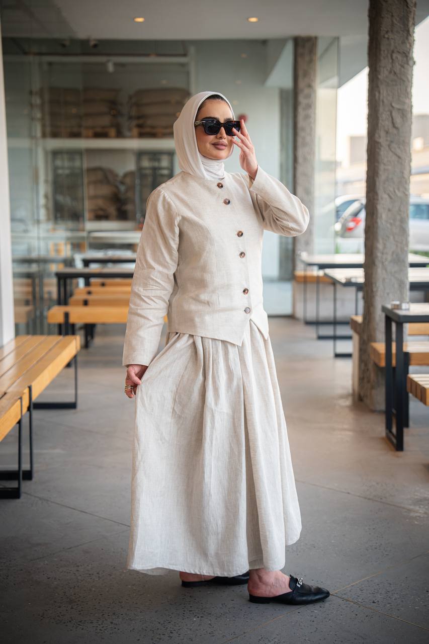 Beige Linen Dress and Vest Set C:J1015