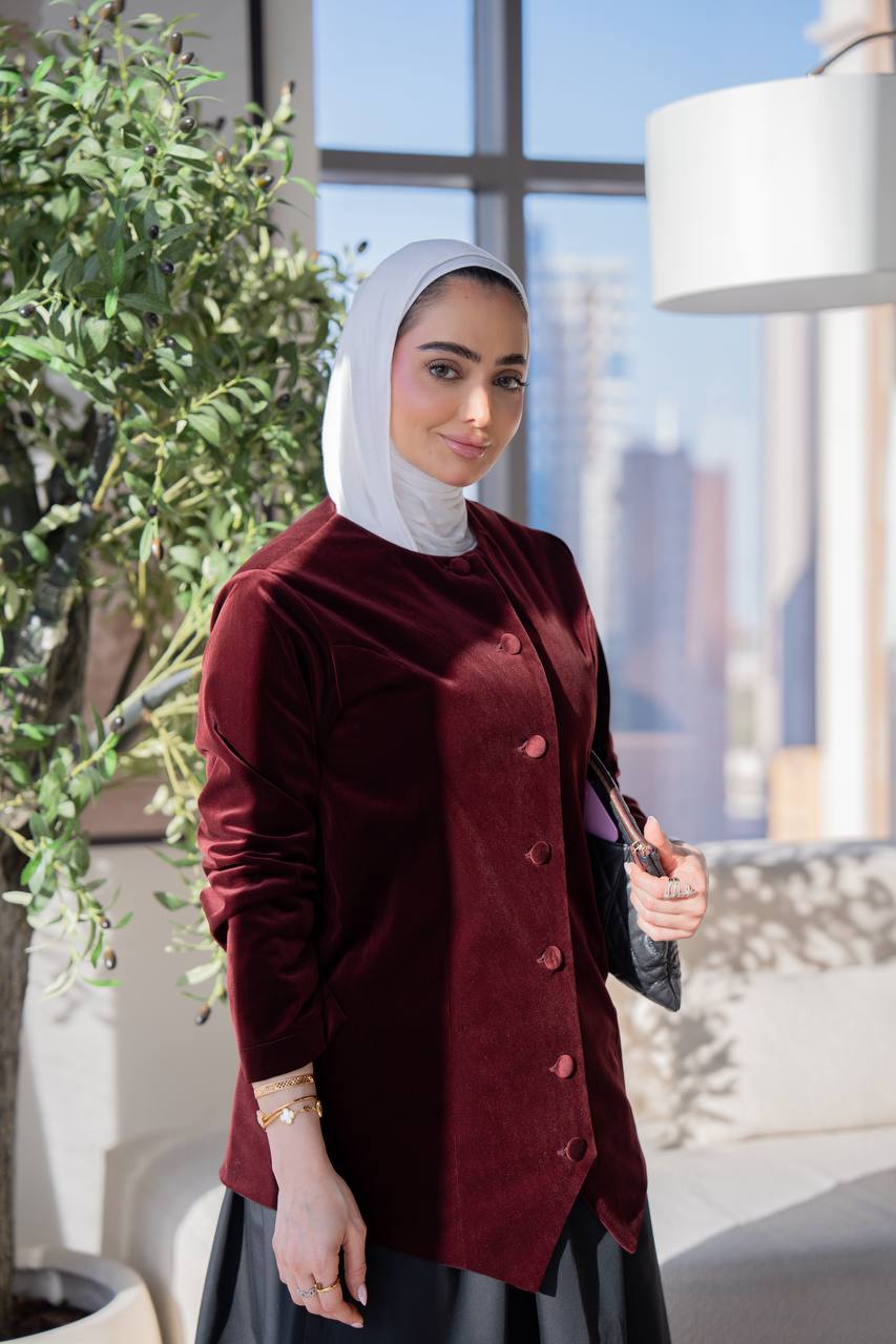 Burgundy velvet jacket set with trench coat skirt C:J1020 burgundy