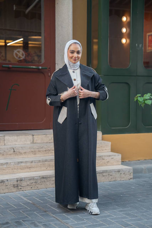 Black trench coat with beige details. C:1062 Black