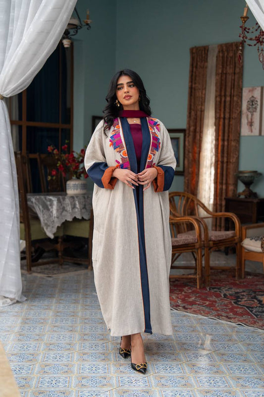 Light beige linen abaya with hand-beading. C:J1079