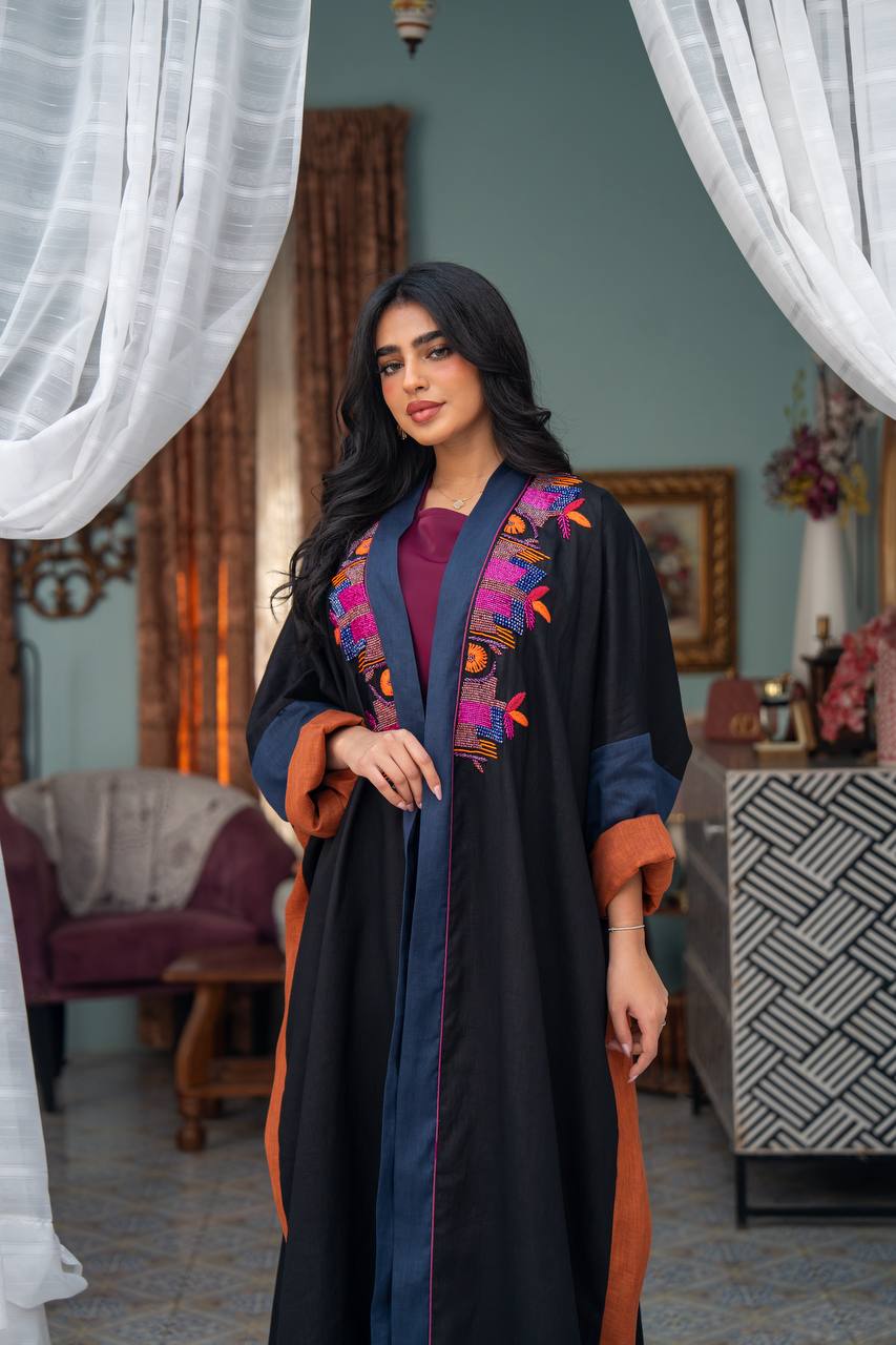Linen abaya in black with hand embroidery. C:J1080