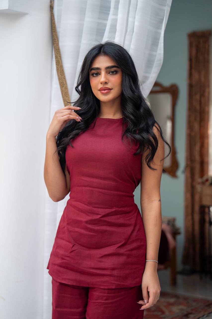 Burgundy linen blouse and trousers set. C:J102 Burgundy