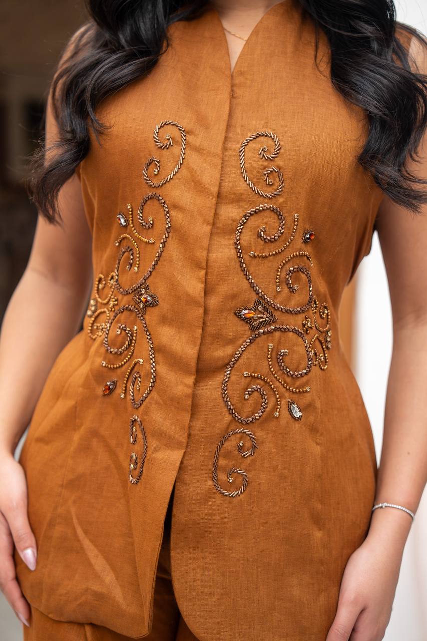 Vest and pants set in camel color with hand embroidery.C:J104