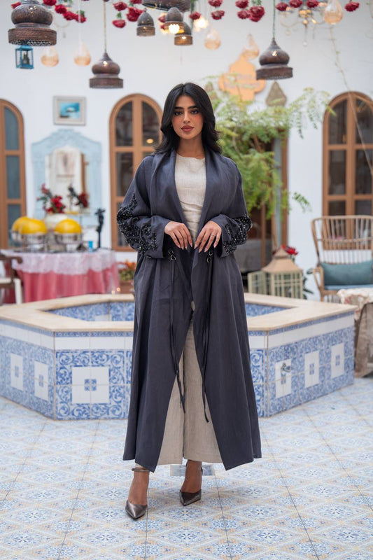 Linen abaya in gray with embroidery. C:J1084