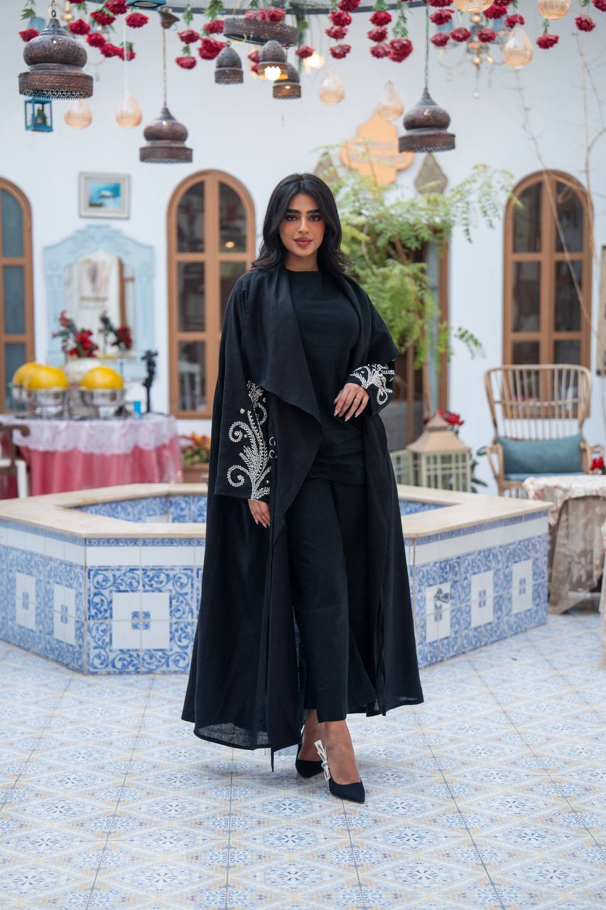 Linen abaya in black with embroidery. C:J1084