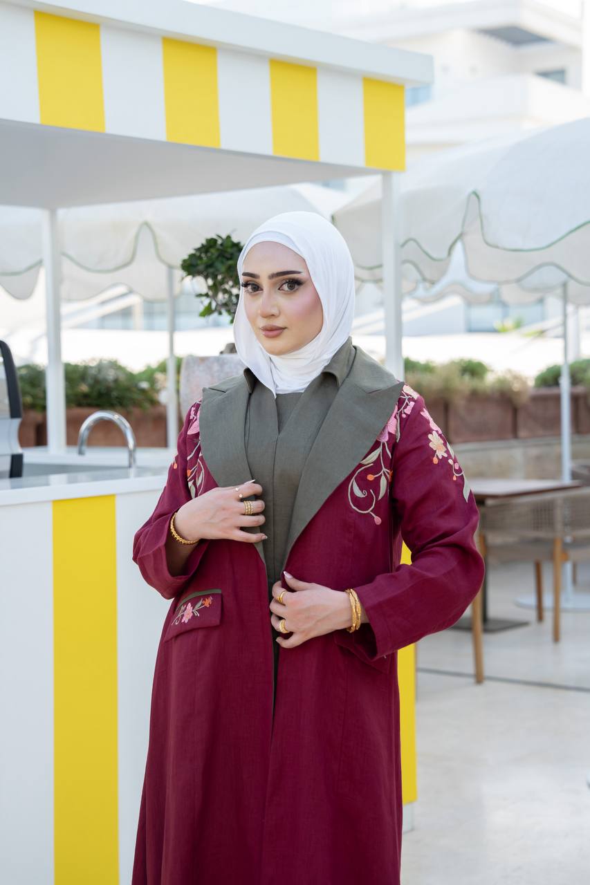 Burgundy linen blazer with embroidery.C:1093
