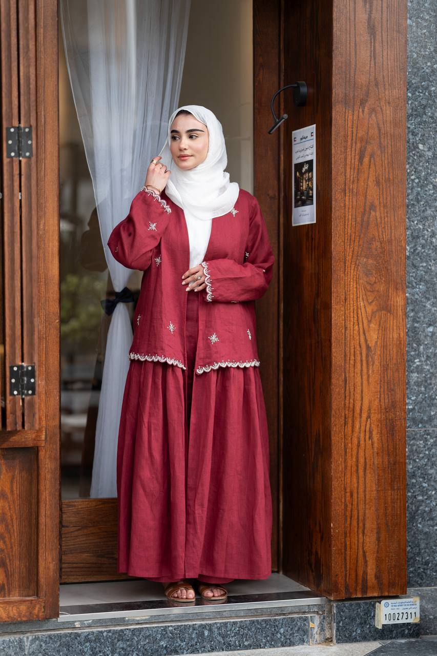 Burgundy linen trench coat, hand-stitched. C:1081