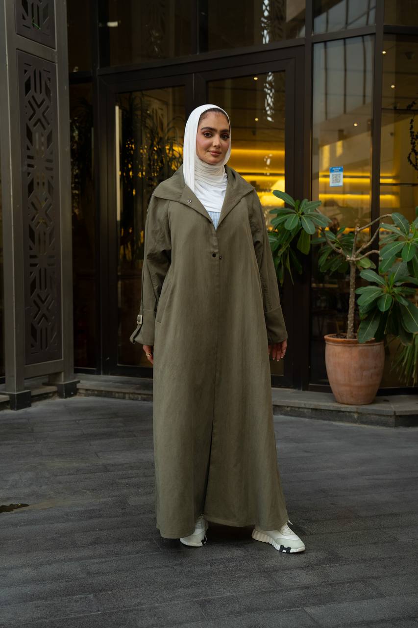 Olive green trench coat.C:1129