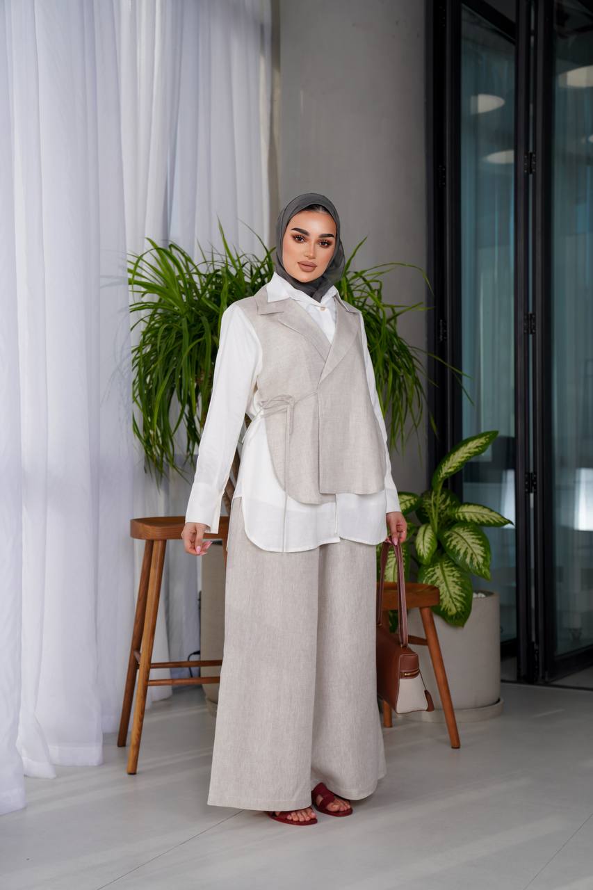Beige linen shirt and pants set C:J1012