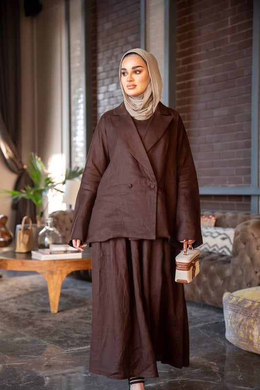 طقم بليزر و فستان لينن باللون البني C:J1024