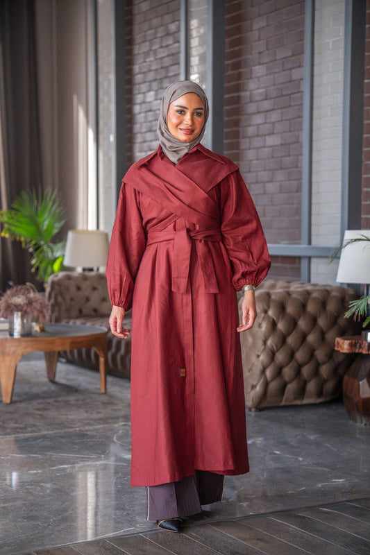 فستان بخام لينن باللون العنابي C:J1027 Burgundy